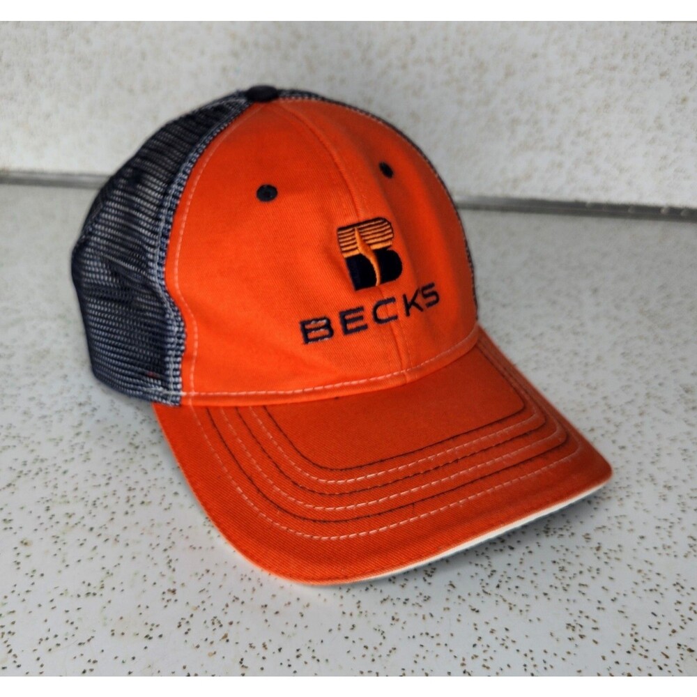 Beck's Seeds Adjustable Strapback Mesh Trucker Hat Orange & Navy Blue New